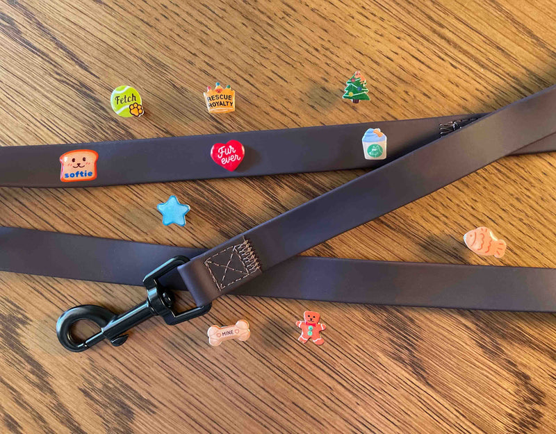 Close up of Pooches and Cream leash with enamel dog charms.