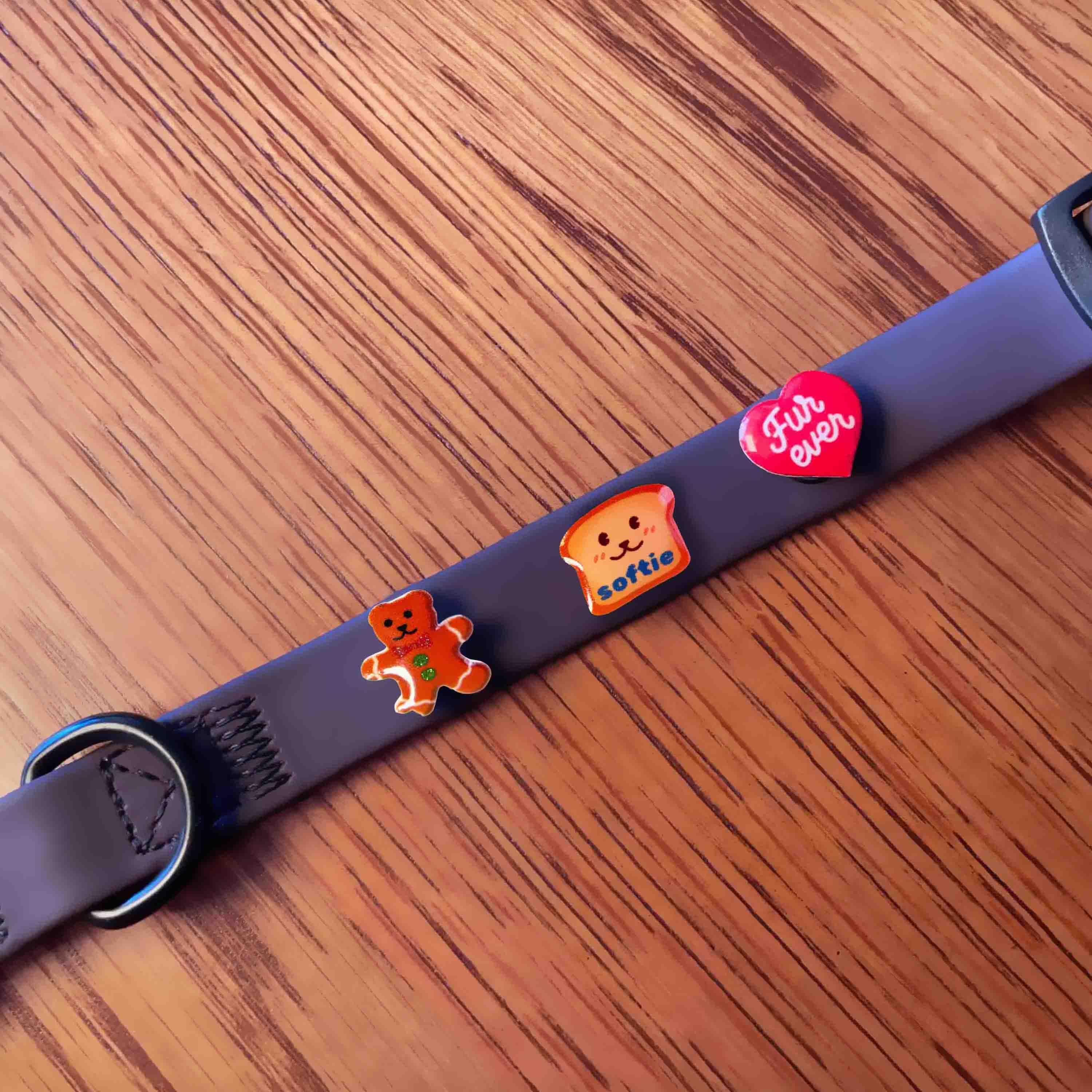 Dog collar with a bear charm, loaf charm, and heart charm.