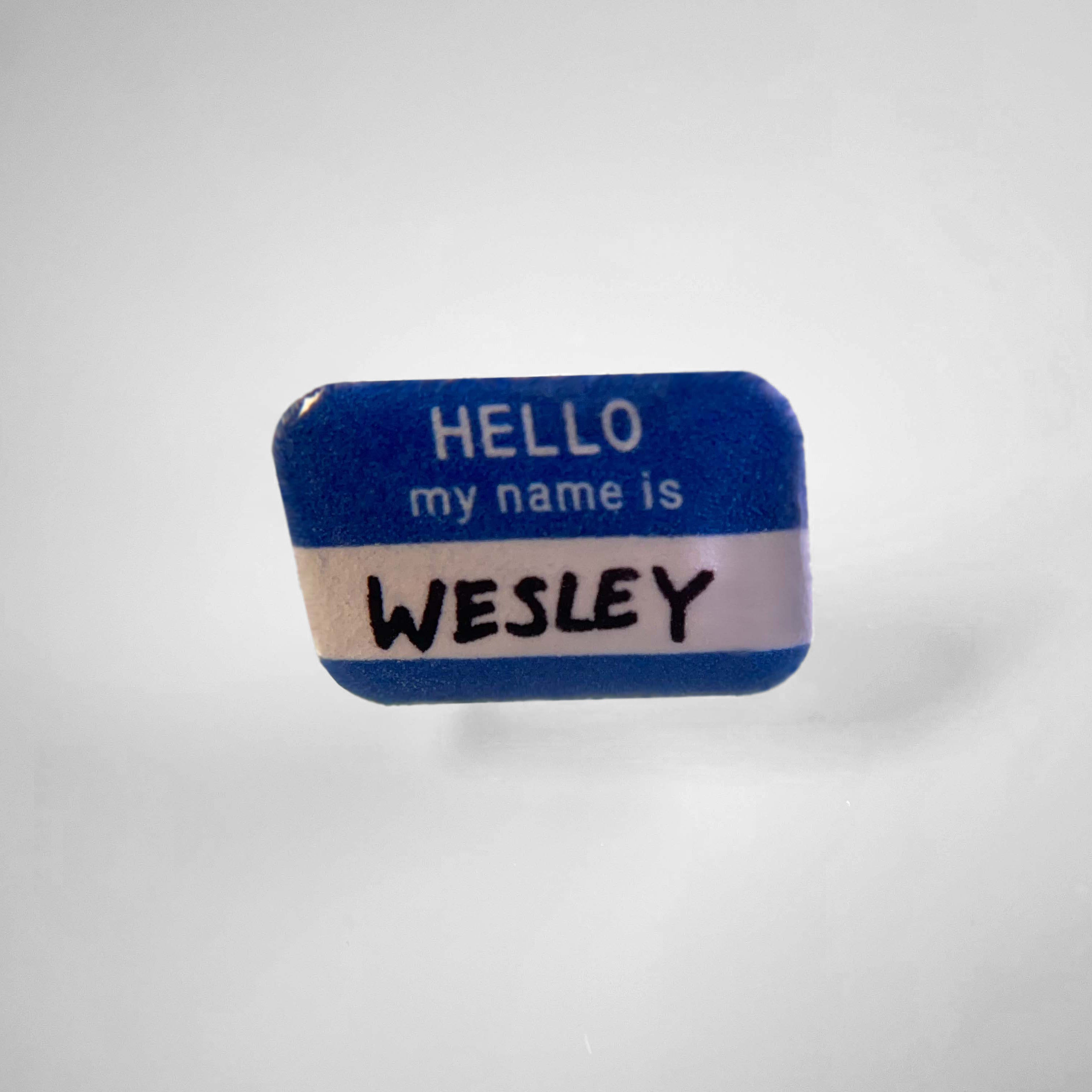 Dog collar charm shaped like a blue name tag sticker.