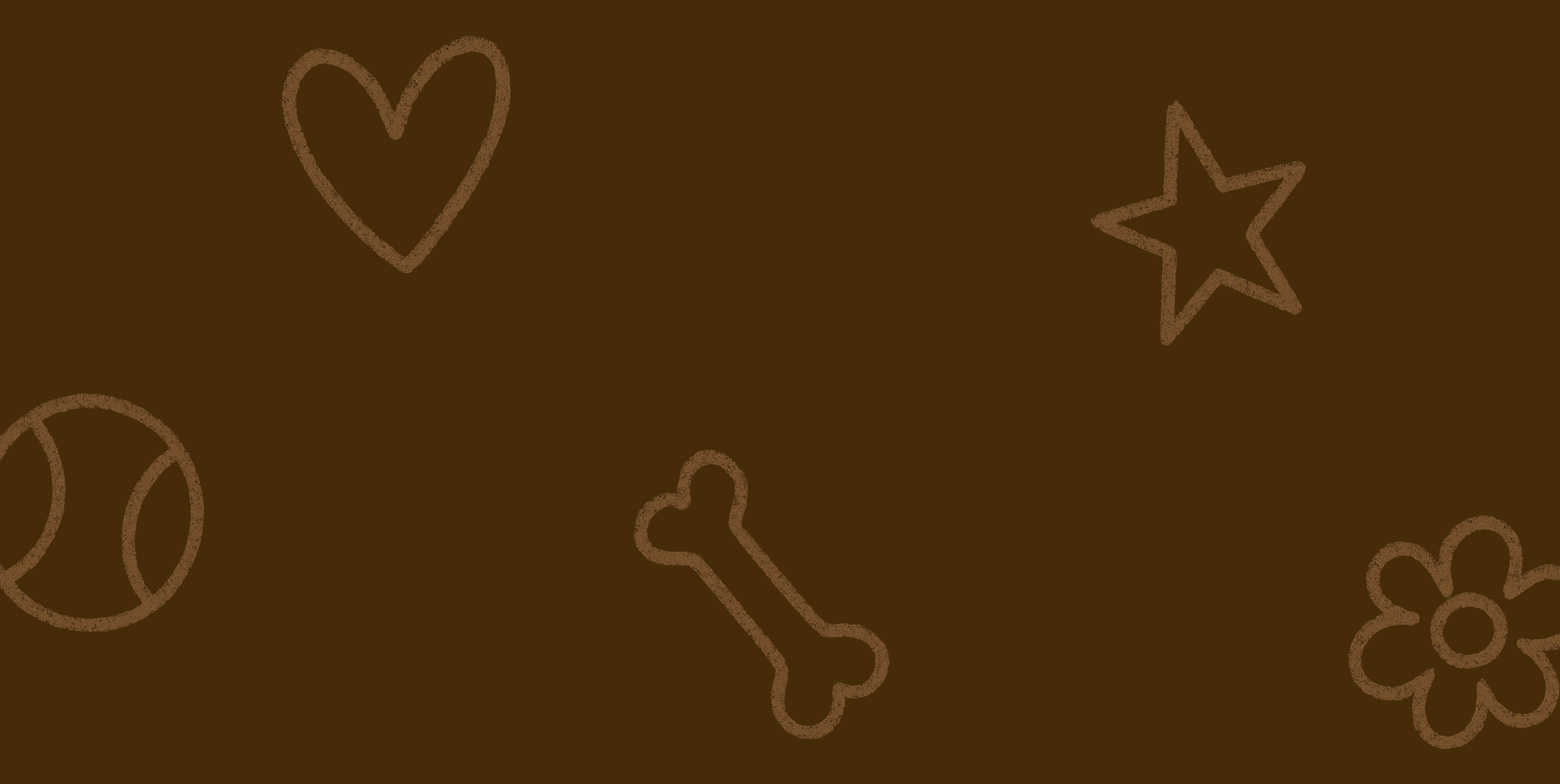 Pattern of Pooches & Cream's signature dog collar charms: heart, star, bone, tennis ball, and flower charms on a brown background