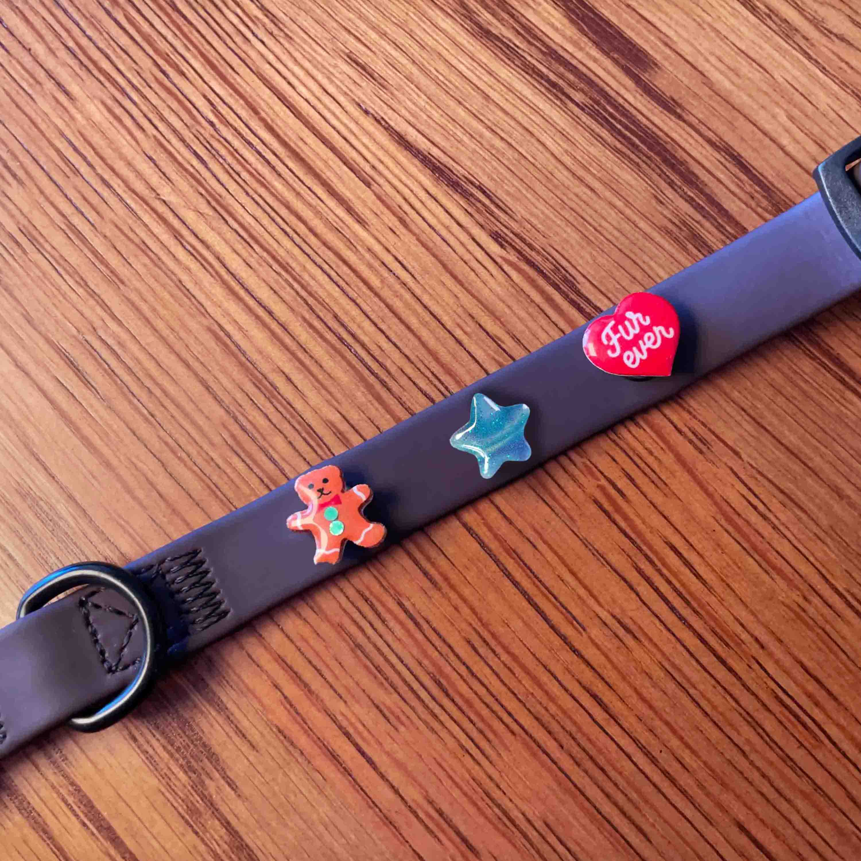 Brown dog collar with colorful charms attached.