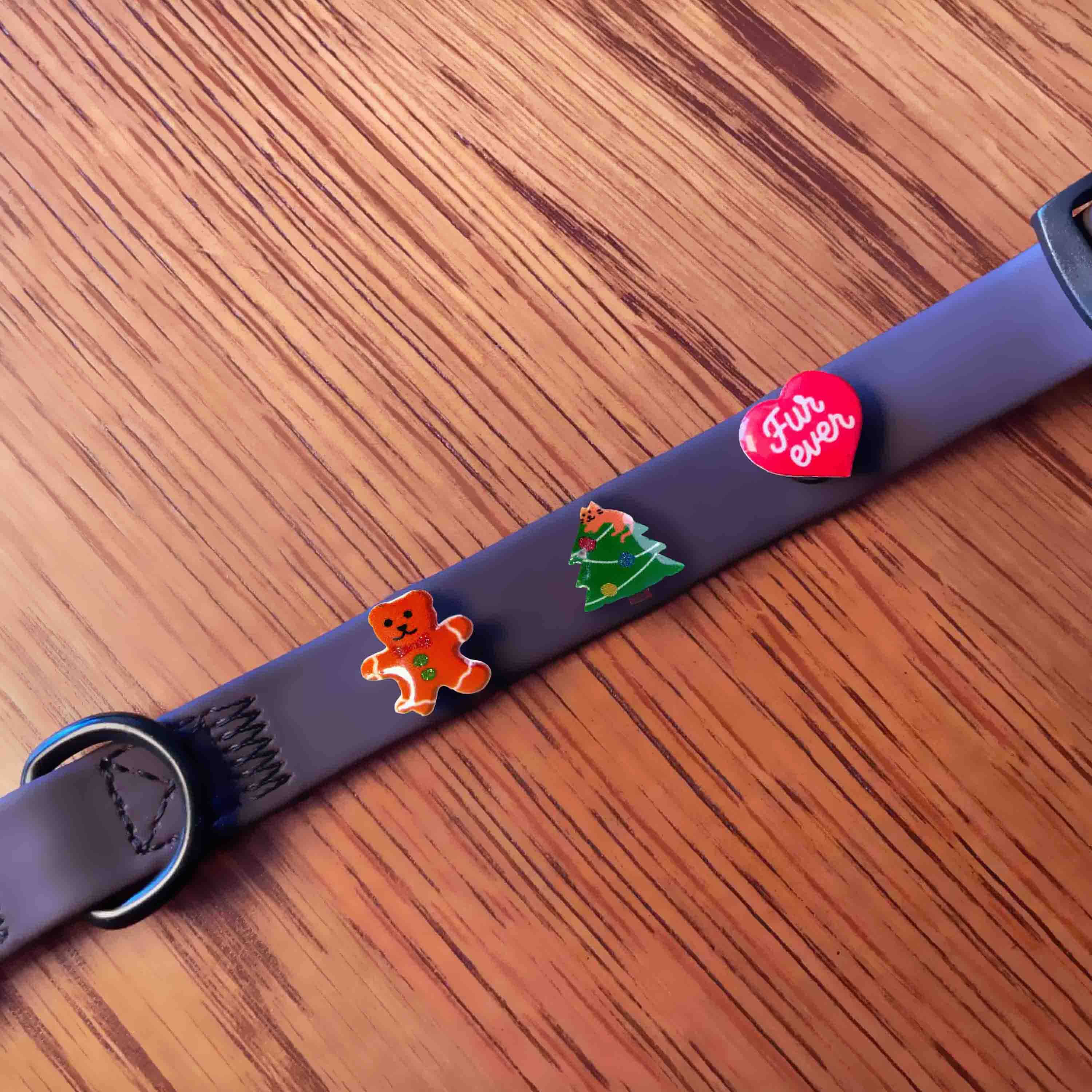 Dog collar with colorful charms on a wooden surface