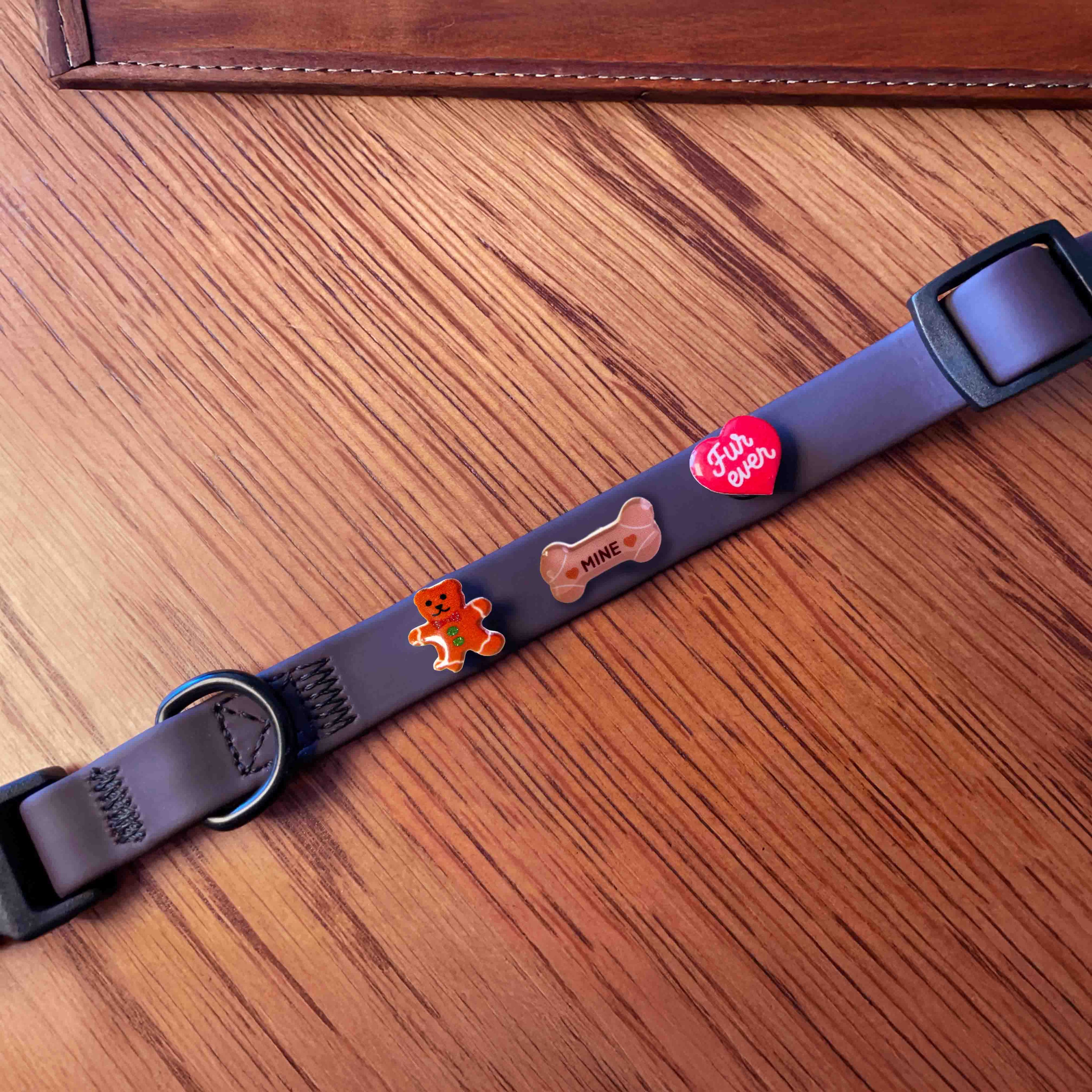 Brown dog collar with three colorful charms on a wooden surface
