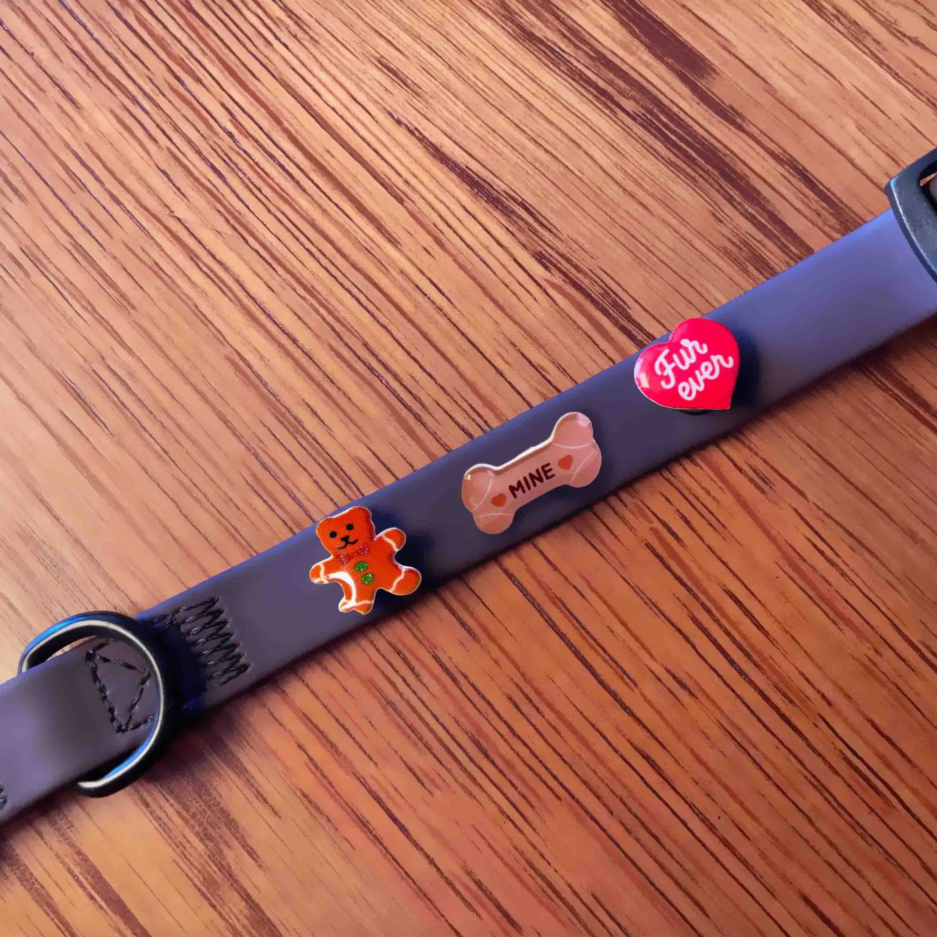 Brown dog collar with three colorful charms on a wooden surface