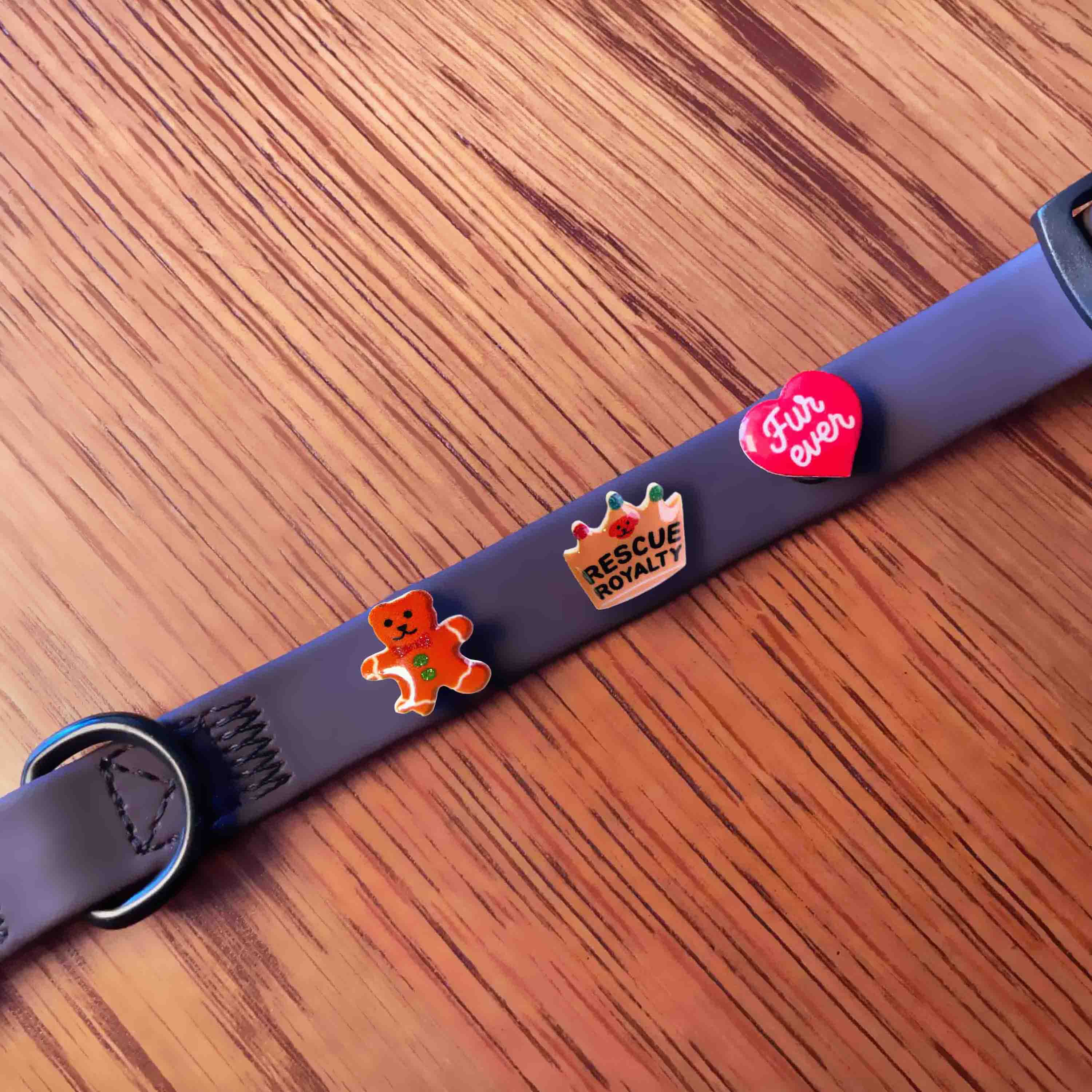 Dog collar with three colorful charms on a wooden surface