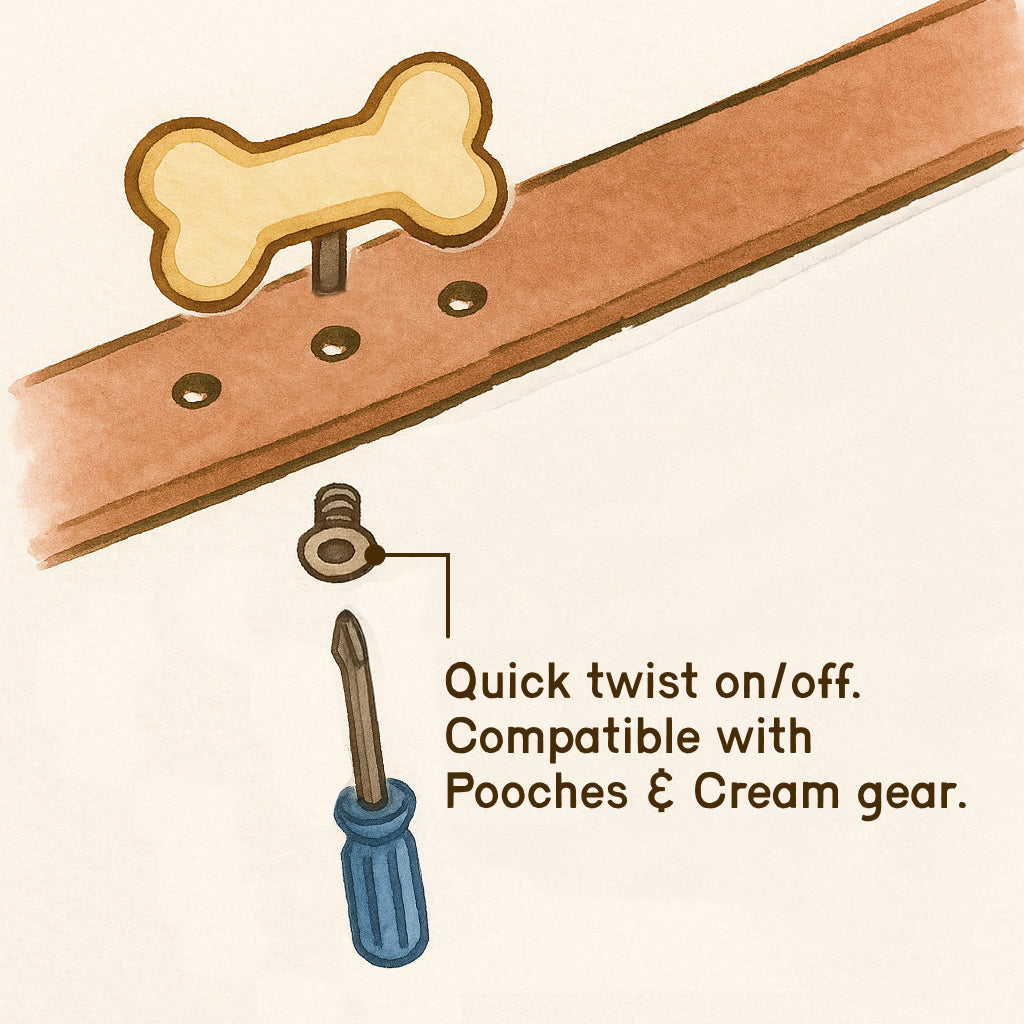 Dog collar with bone-shaped dog collar charms and screwdriver illustration, labeled 'Quick twist on/off'.