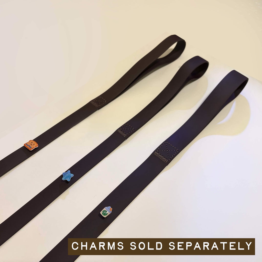Three brown leashes with charms on a beige background, with text 'CHARMS SOLD SEPARATELY'.