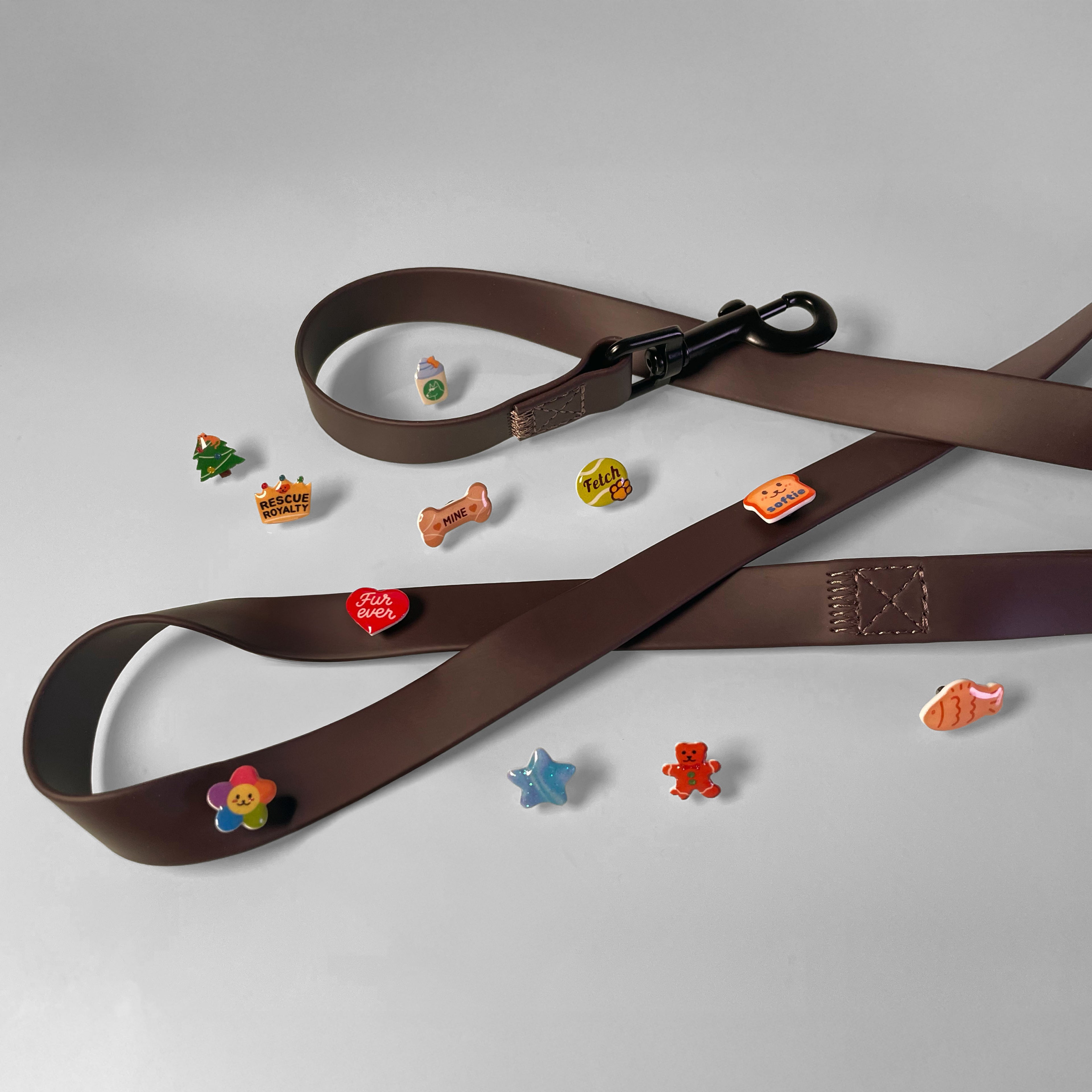 Unique waterproof dog leash with three enamel dog charms attached. Additional charms shown next to it.
