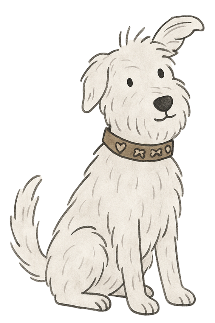 Illustration of a white dog with a brown collar with dog charms on a white background